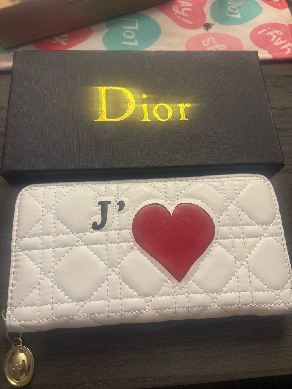 Dior inspiredWhite Quilted Leather Zip Around Wallet with Red Heart